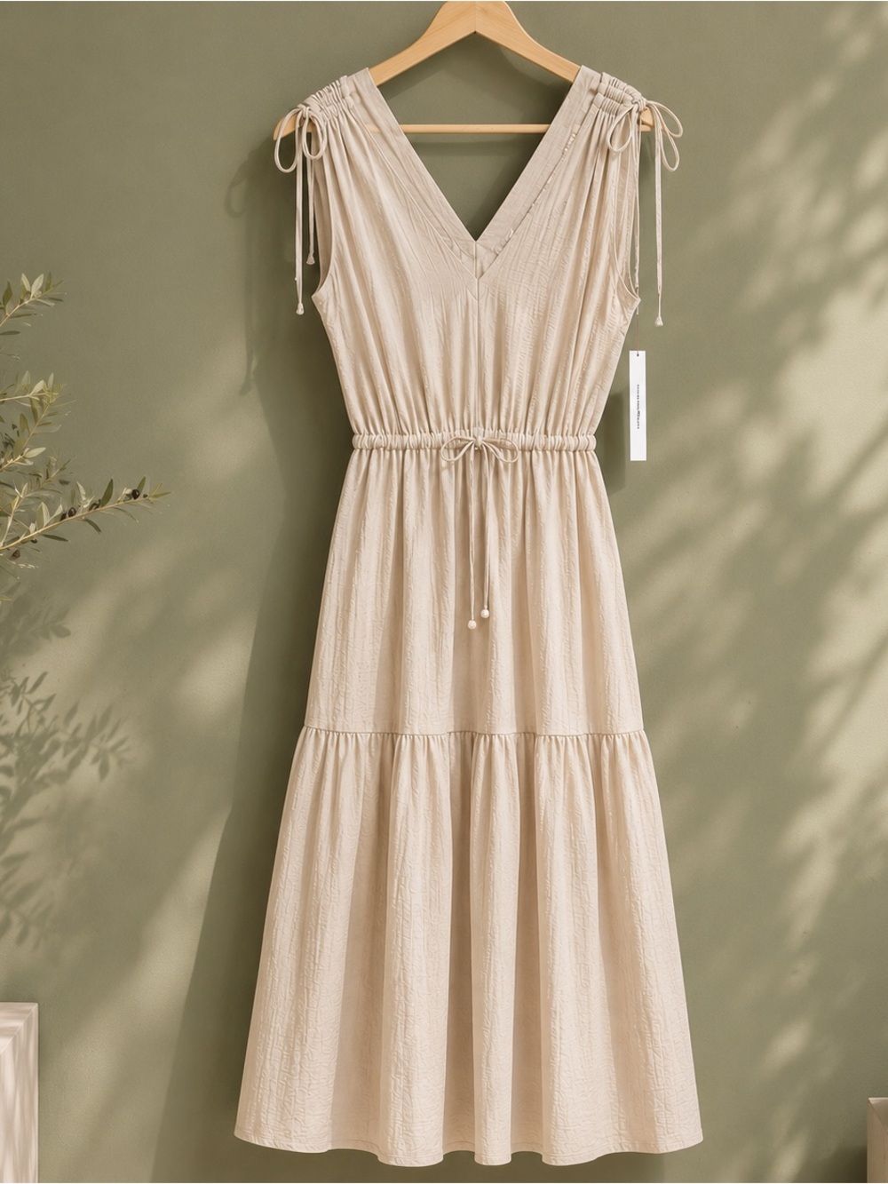 Sleeveless V-Neck Tiered Maxi Dress in Light Beige - Picture 5 of 7